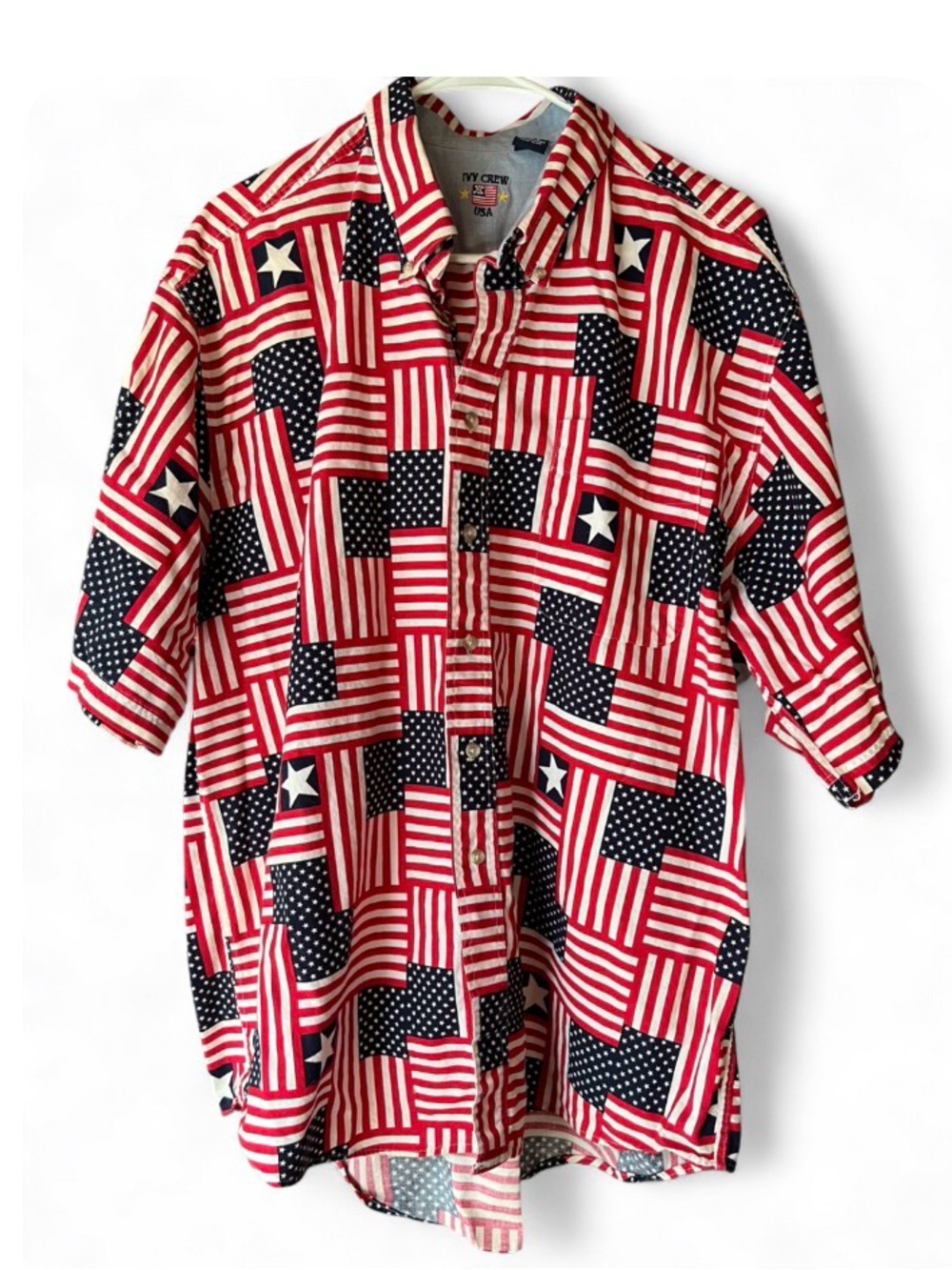 Vintage Americana Red, White & Blue Patchwork Flag Button-Down Shirt 100% cotton